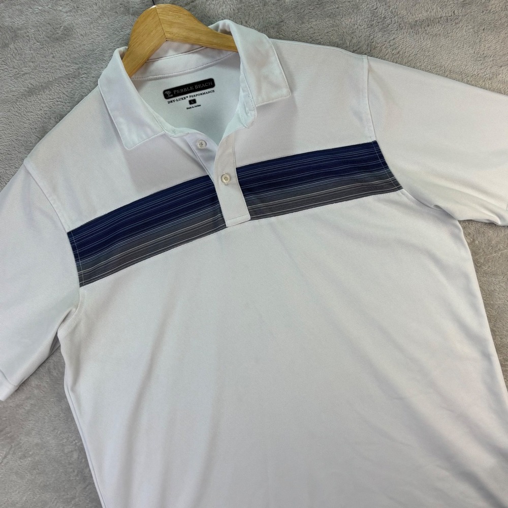 Pebble Beach Men's‎ Polo Shirt White Blue Striped Dry-Luxe Golf Sz Large